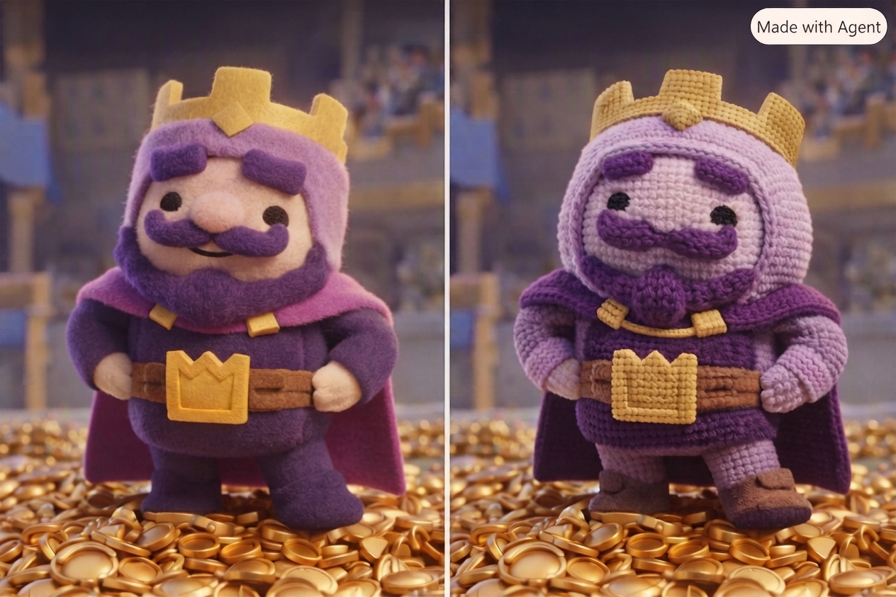 Two purple and gold knitted king figures standing on a bed of coins, shown side by side